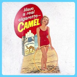 1950s Camel Cigarettes Vintage Advertising Sign 29" Cardboard Easel Beach Girl